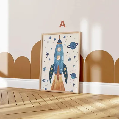 Produktbild von Astronaut Poster Kinderzimmer · Geschenkidee für Kinder · Kinderzimmer Deko · Weltraum Rakete & Planeten · Deko Print ohne Rahmen · Motiv A · 13×18cm