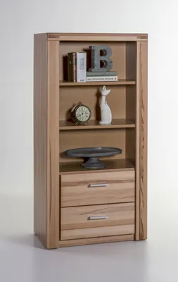 A wooden bookshelf with decorative items on display.