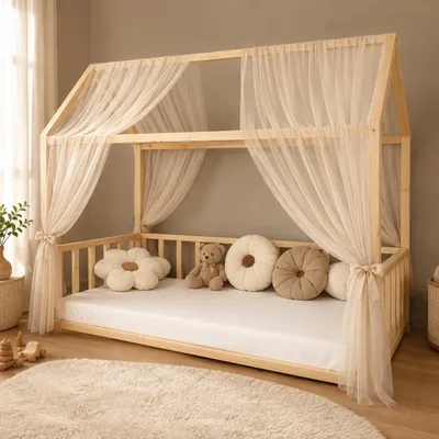 Produktbild von Baby Fancyroom Betthimmel für Hausbett Kinderbett, universell, Premium Tüll, 2-teilig, Hausbetthimmel, Bettvorhang (Beige, 340cm)