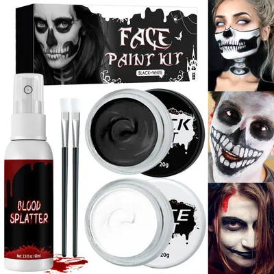 Obrázok produktu pre Sada čiernej a bielej farby na tvár na Halloween, detská farba na tvár, karneval, maľovanie na telo, divadelná farba na tvár. Vhodné pre dospelých aj deti