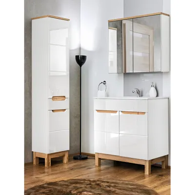 Produktbild von Badmöbel Set 3-teilig 80 cm mit Keramikwaschtisch SOLNA-56 Hochglanz weiß inkl. Standfüßen BxHxT ca.:  130 x 200 x 45 cm