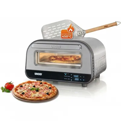 Produktbild von Unold Luigi Pizzaofen elektrisch 450 °C mit Pizzastein & Pizzaschieber Aluminium – Digitaler Pizzaofen für knusprige Pizza in 2 Min., Ober-/Unterhitze