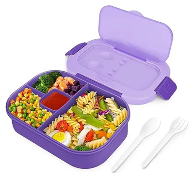Produktbild von Brotdose mit Fächern Lunchbox Erwachsene Kinder Schule, 1300ML Bento Lunch Box Brotbox mit Besteck Brotzeitbox Auslaufsicher Jausenbox Lila