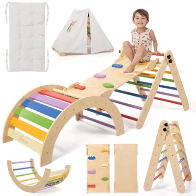 Produktbild von Pikler Kletterdreieck-Set mit Kissen, 8-in-1 Kletterspielzeug für Kleinkinder im Innenbereich, Farbe: Regenbogen, Montessori-Kletterset aus Holz mit Bogenrampe, Leiter und Zelttuch, Klettergerüst für Babys