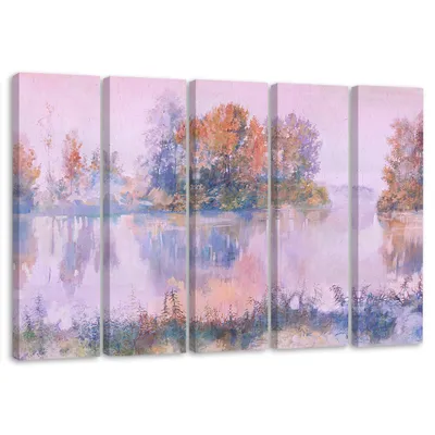 Produktbild von 5-teiliges leinwandbild blick auf den see 200x100 cm Feeby blau wandbild bereit zum aufhängen