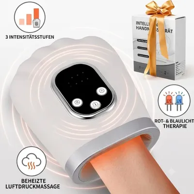 Produktbild von Elektrisches Handmassagegerät kabellos mit Wärme & Kompression, Rotlicht & Blaulicht, zur Entspannung & Schmerzlinderung, Wellness Geschenk