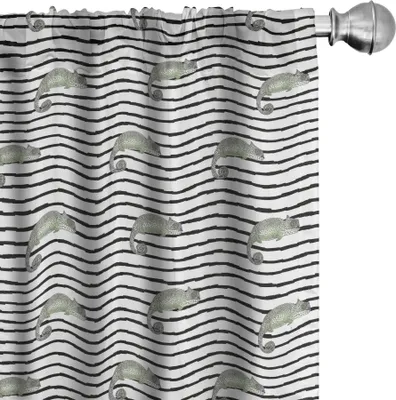 Zdjęcie produktu dla ABAKUHAUS Zasłony, firanki, ilustracja przedstawiająca powtarzające się kameleony na tle w poziome paski, 2 sztuki 75 x 245 cm, białe i wielokolorowe