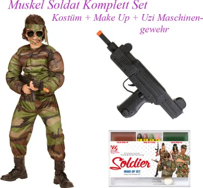 Produktbild von Muskel Soldat Kostüm Komplett Set + Uzi Maschinengewehr & Make- Up # Gr. 128