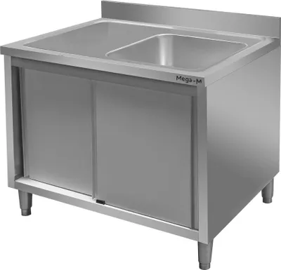 Zdjęcie produktu dla Gastronomiczny stół ze stali nierdzewnej przyścienny ze zlewem po prawej stronie i z szafką Mega-M 120x70x85 cm