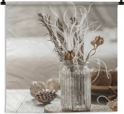 Produktbild von MuchoWow® Wandteppich Wandbehang Stilleben - Getrocknete Blumen - Vase 60x60 cm Tapisserie Dekoration Wandtuch - Dekorationen - Wand Decke