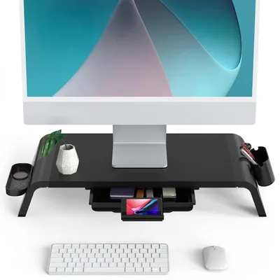 Zdjęcie produktu dla Omgoods - Drewniana podwyższenie monitora z szufladą - Ergonomiczna podставка do komputera, czarna