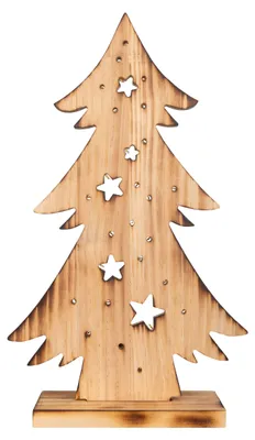 Produktbild von LED Holz-/Dekoleuchte "TANNENBAUM" H:47cm natur, Deko im Landhaus Stil, aus Holz in natur, 28,5 x 11 x 47 cm, mit Diode – für den Außenbereich – Batteriebetrieb – Timerfunktion – Schiebeschalter