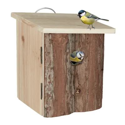 Immagine prodotto di Relaxdays: casetta nido per uccelli, da appendere, in legno e corteccia, non trattata, foro d'ingresso da 28 mm, dimensioni: 20x16,5x16,5 cm, colore naturale