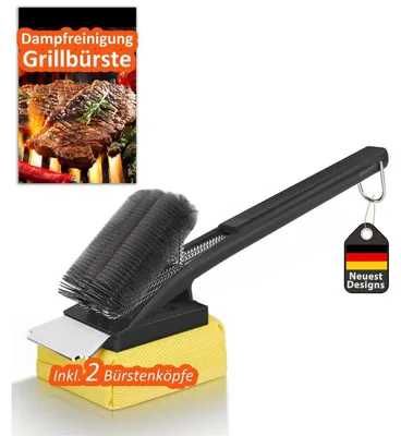 Immagine prodotto di Spazzola per griglia con pulizia a vapore, setole in acciaio inossidabile, spatola, manico lungo, colore nero