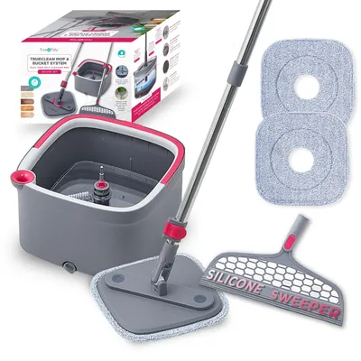 Imagen del producto de Kit de mop con cubo de doble compartimento, cabezal de mop giratorio de 360°, 2 paños de microfibra, para la limpieza de suelos