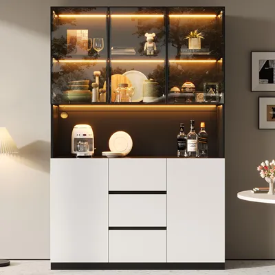 Productafbeelding van LED-vitrine met glas, 120x40x200 cm, ESG-glas, open planken, 3 lades, 2 deuren, veelzijdig (zwart)