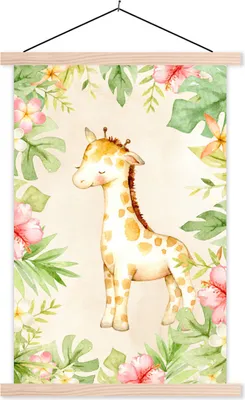 Produktbild von MuchoWow® Textilposter Giraffe - Aquarell - Blumen 40x60 cm mit holzfarbenen Rahmen - Poster