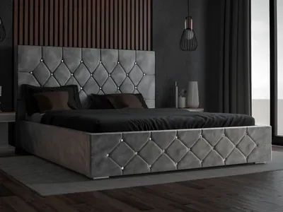 Obrázek produktu pro Čalouněná postel GRAINGOLD Glamour 180x200 cm Rossa - velurová látka, lamelový rošt, zásuvka - manželská postel s krystaly - šedá (Magic Velvet 2217)