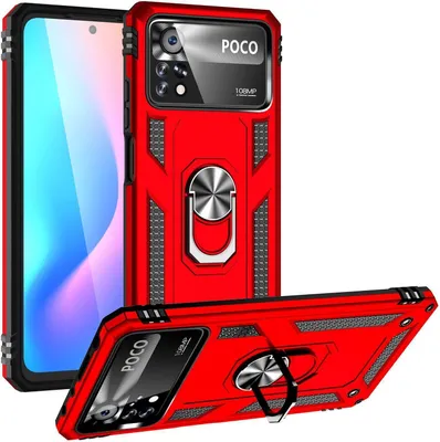 Obrázek produktu pro Pouzdro pro Xiaomi Poco X4 Pro 5G dvouvrstvé robustní, vojenská ochrana pouzdro s držákem prstenu a stojánkem červené