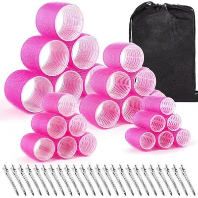 Produktbild von Haarwellingen-Set - 24 Stück (6 Jumbo, 6 Groß, 6 Medium, 6 Klein) mit 24 Klemmen in Rosa für alle Haarlängen