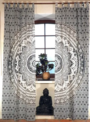 Produktbild von Boho Vorhänge, Gardine (1 Paar ) mit Schlaufen, Handbedruckter Ethno Style Vorhang, Mandala Motiv - Weiß/grau/schwarz, Baumwolle, 230*100*0,2 cm, Dekovorhänge