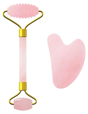 Produktbild von Rosenquarz-Gesichtsroller- und Gua Sha-Set für Gesichtsmassagen