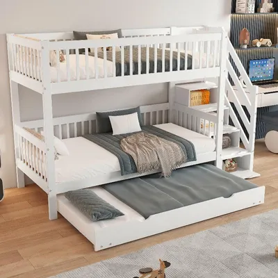 Obrázok produktu pre Poschodová posteľ s výsuvnou posteľou 90x200/90x190 cm, biela, vyrobená z borovice a MDF, s úložným priestorom a zábradlíkom, vhodná do detskej izby
