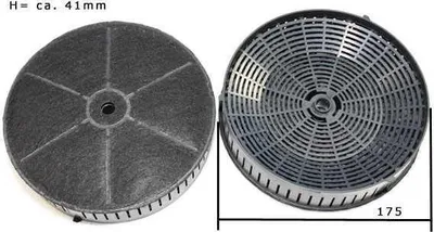 Two charcoal filters for a range hood, shown from different angles with dimensions indicated.