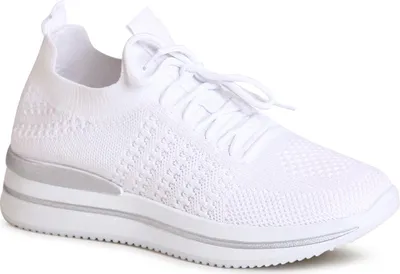 A single white sneaker shown from a side-diagonal angle against a white background.