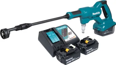 A cordless pressure washer kit with two batteries and a charger, displayed on a white background.