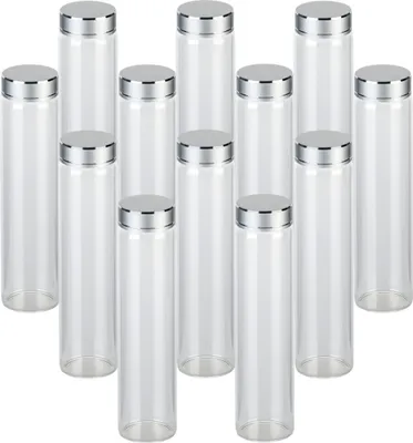 Produktbild von gouveo 12er Set Schraubgläser 100 ml Tube mit Deckel silberfarben - Kleine zylinderförmige Gläser mit Verschluss für Gewürze, Kosmetik, Bastelzubehör