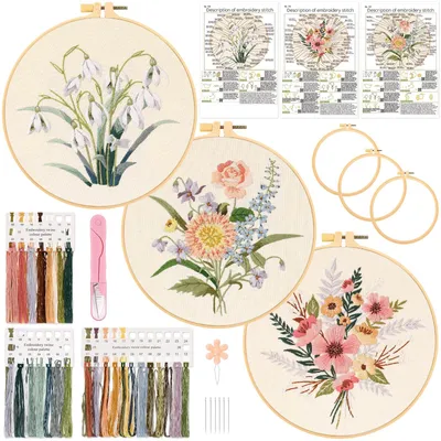 Blumen-Stickset, 3-teilig, für Anfänger, mit Stickrahmen