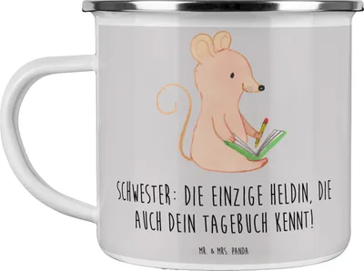 Produktbild von Mr. & Mrs. Panda Pott Schwester Heldin - Grau Pastell - Geschenk, Dankeschön, Weihnachten, Erinnerungen, Teetasse, Bindung, Kaffeepott, Familie, Emaille Tasse, Haferl