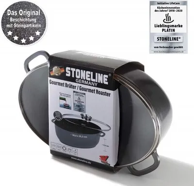A STONELINE gourmet roaster is shown in its packaging, with the lid slightly ajar.