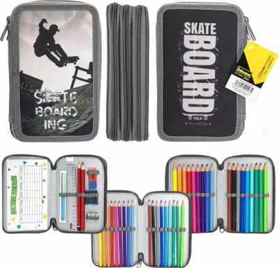 Produktbild von Idena Federmappe Triple Skateboard grau 47 Teile