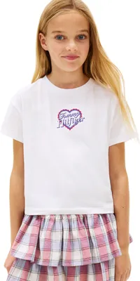 Zdjęcie produktu dla Koszulka dziewczęca Tommy Hilfiger, krótki rękaw, haftowany serce, luźny krój, biała (White), rozmiar 86