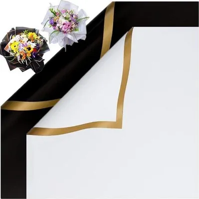 Produktbild von Famanu Geschenkpapier für Blumen - Schwarz Weiß mit Goldrand, wasserfest, 40 Blätter, 58 x 58 cm