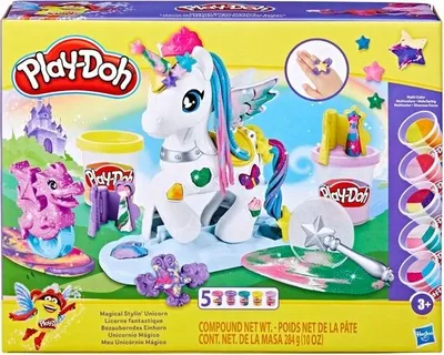 The image shows the packaging of a Play-Doh Magical Unicorn set, featuring a unicorn and dragon made of Play-Doh, along with various Play-Doh containers and accessories.