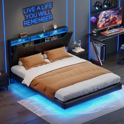 Obrázok produktu pre Skriňová posteľ 140x200 cm v čiernej látke s hydraulickým úložným priestorom, LED pásik na čele a ráme postele, integrovaná zásuvka - Moderná posteľ s nabíjačkou EÚ