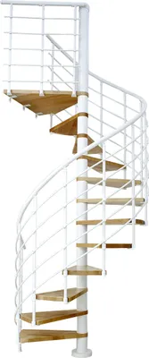 Produktbild von Dolle Spindeltreppe Oslo Ø120cm mit 294-322cm Geschosshöhe 13 Stufen 1 Podest Buche lackiert Geländer weiß, mitlaufende Kunststoffstäbe