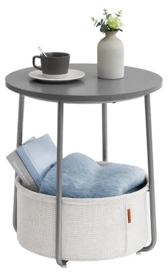 Immagine prodotto di Tavolino rotondo con cesto in tessuto | Grigio cemento-bianco nuvola | 45x45x50 cm