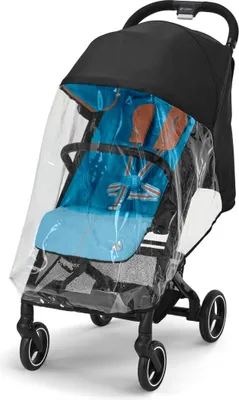 A close-up, studio shot of a baby stroller with a rain cover.