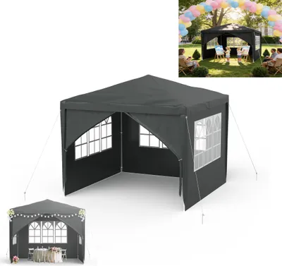 A dark gray pop-up gazebo is shown from a three-quarter angle in the foreground. In the background, a smaller inset image shows a similar gazebo set up outdoors for a party with a balloon arch and people sitting around.