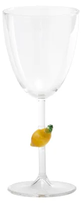 Produktbild von Handgefertigte safranfarbene Glas-Fruchtteetasse aus Borosilikatglas mit Zitronenverzierung im Stiel für einen lebendigen und edlen Tischlook.