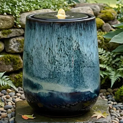 Produktbild von Outdoor Brunnen "Deep Sea" aus Keramik mit LED Beleuchtung, blau - braun, Springbrunnen Ø 25 x 35 cm, Gartenbrunnen