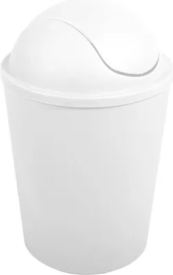 A white plastic trash can with a swing lid.