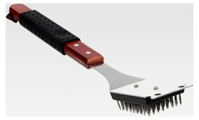 Produktbild von Grillbürste mit Holzgriff und Edelstahl für die Grillreinigung mit Verbrühungsschutz und rutschfestem Griff