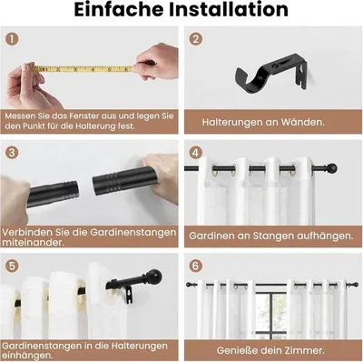 Image de Tringle à rideaux noire de 70 à 270 cm avec deux supports - tringle ronde fendue - pour salon et chambre à coucher - épaisseur 0,66 mm