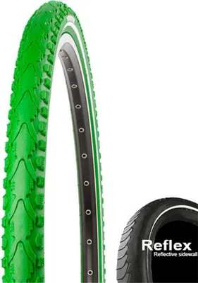 Image de Pneus Kenda Khan K-935, 28x1,50 pouces (40-622), couleur verte, avec bandes réfléchissantes, modèle à flancs en fil d'acier.