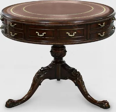 Produktbild von Casa Padrino Luxus Barock Beistelltisch Braun / Gold Ø 91 x H. 76 cm - Runder Mahagoni Tisch mit 14 Schubladen und Echtleder - Barock Mahagoni Möbel